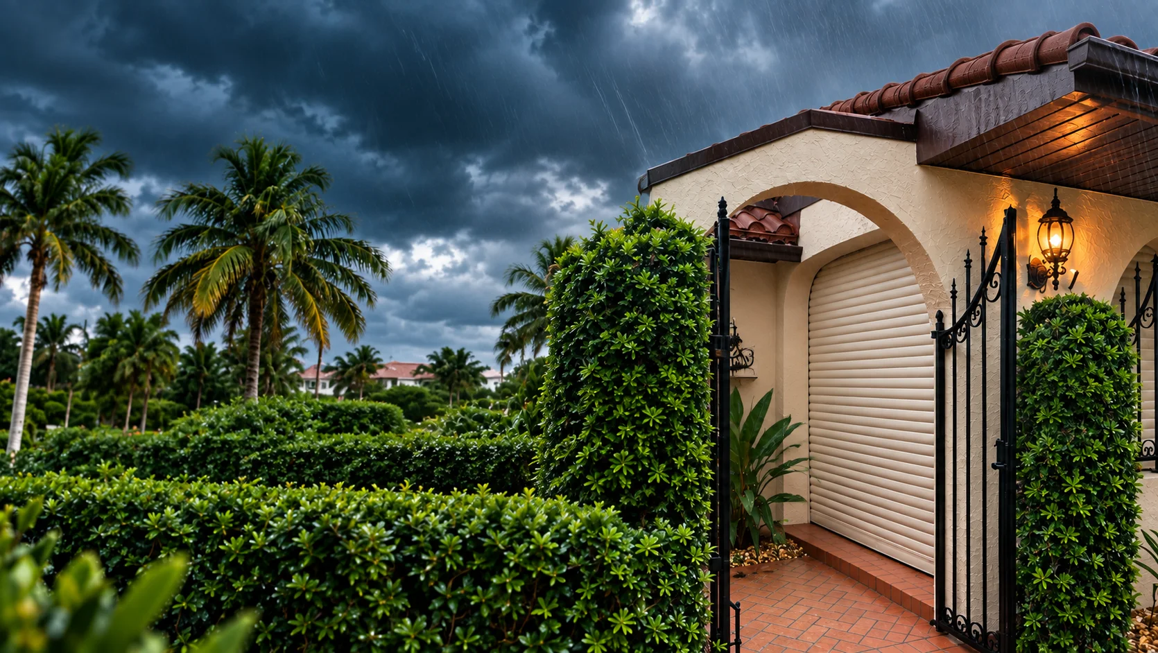 A closed tan roll-down hurricane shutter lowered over the arched entry of a stucco Central Florida home during a rainstorm